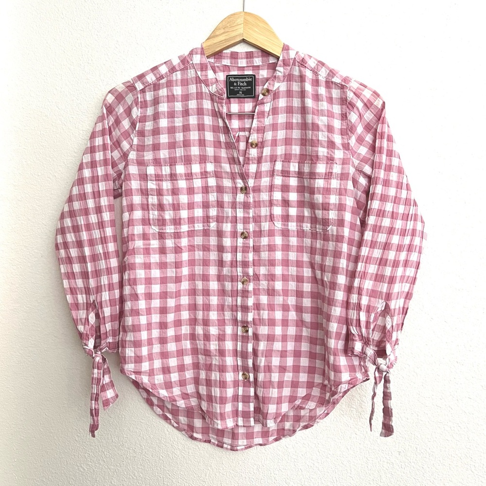 Abercrombie & Fitch Gingham Crinkle Cotton Blend Tie Sleeve Top Size XS